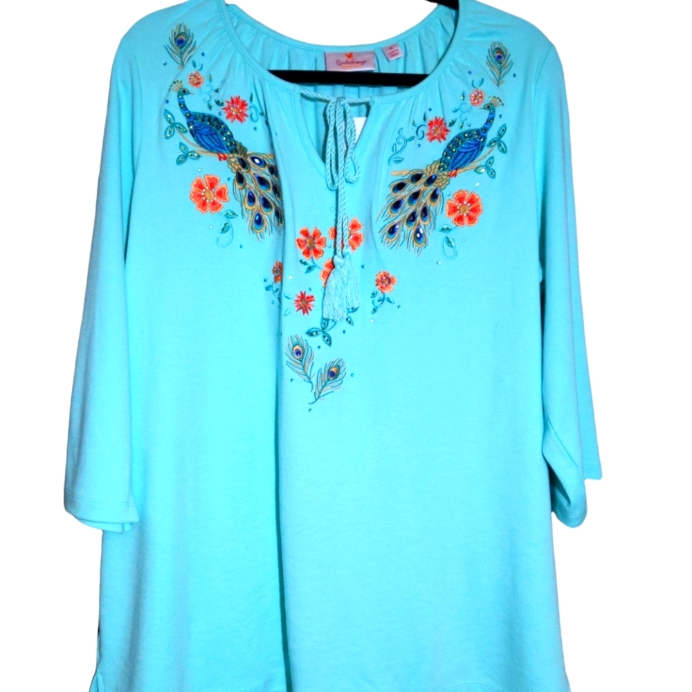 Quacker Factory Turquoise Tunic with Embroidered Peacock & Coral Floral Accents